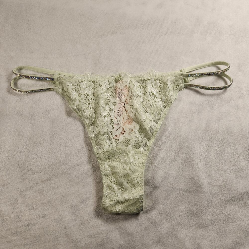 Victoria's Secret Pastel Green Shine Strap Shimmer Lace Brazilian Panty - Large